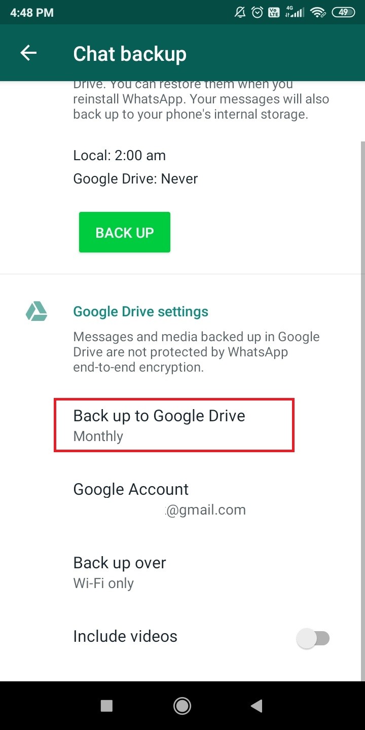 whatsapp backup gmail where