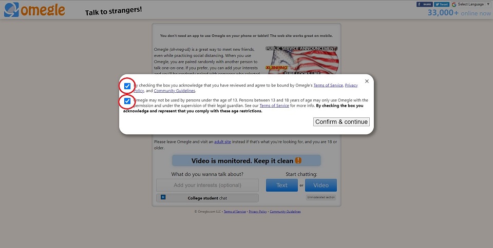 Omegle web page accept the terms by enabling checkbox to confirm and contin...